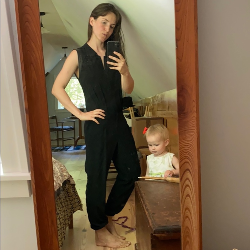 Black silk jumpsuit with leather trim size1